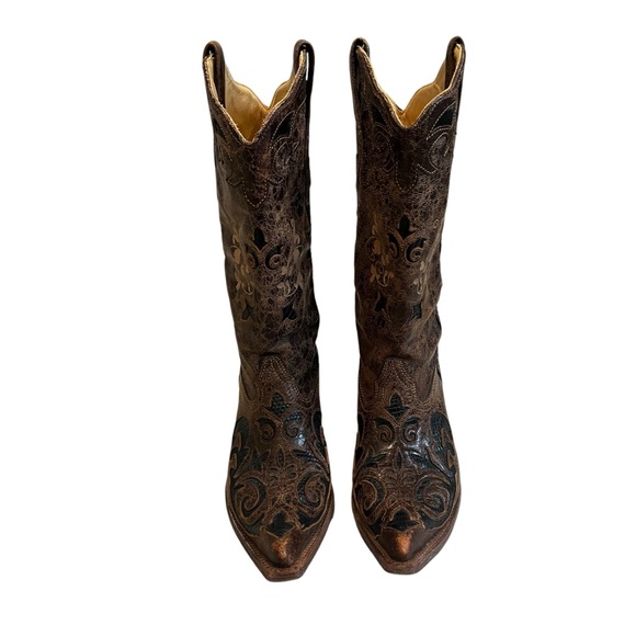 Corral Boots Brown Distressed Lizard Inlay Snip Toe style C2118, Sz 7 - Picture 3 of 16